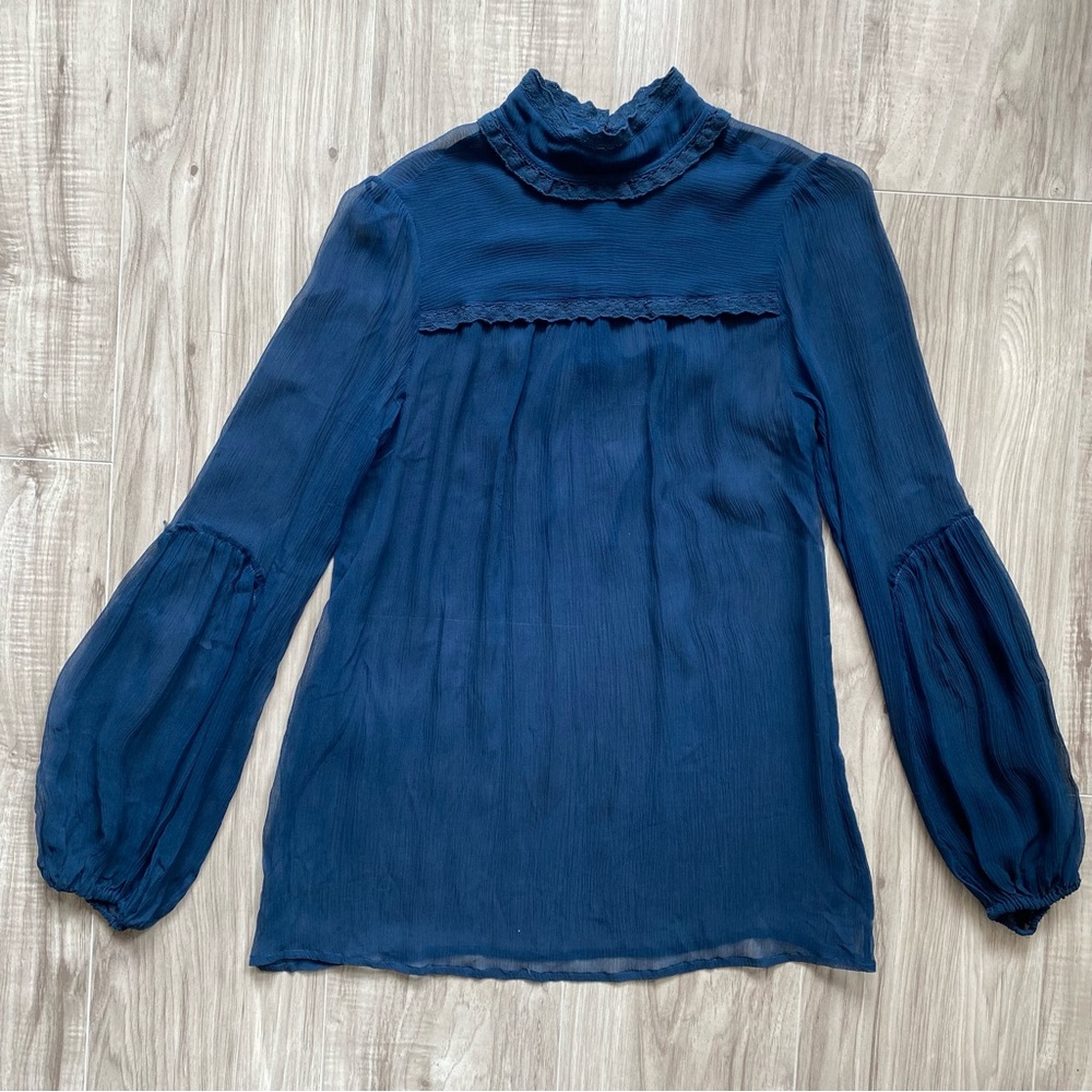 Free People navy blue high neck silky sheer balloon long sleeve blouse size 0